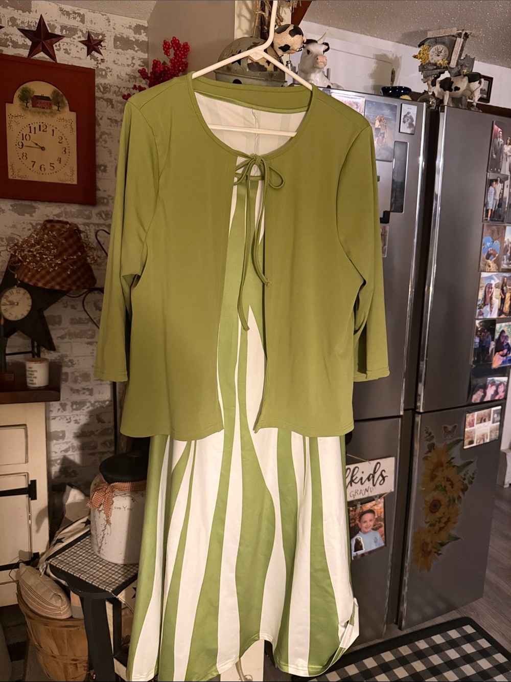 Women’s Green Two-Piece dress Set with Tie-Front Cardigan
